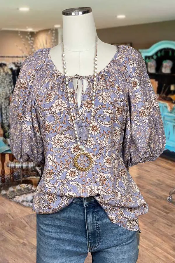 Floral Print Puff Sleeve Front Tied Top