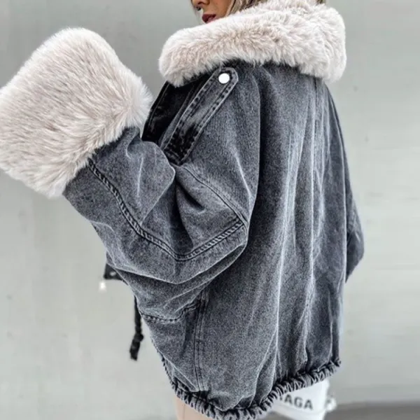 Winter Faux Fox Fur Collar Jacket Denim Women Elegant Big Pockets Jacket