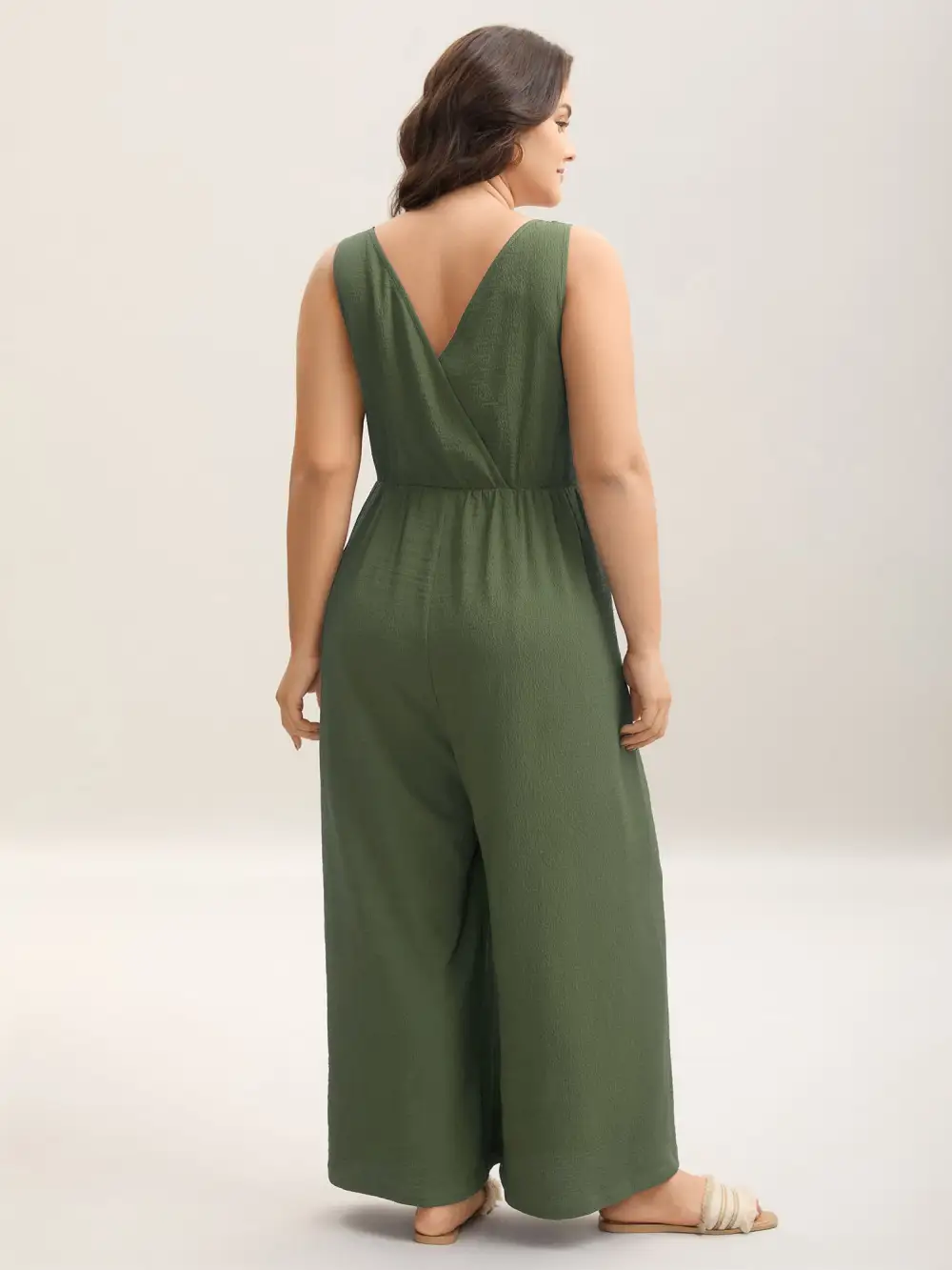 Shirred Pockets Wide-Leg Plain Jumpsuit