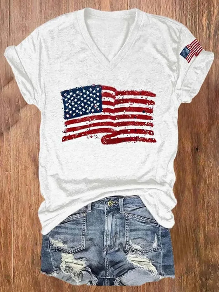 Women'S National Flag Pattern Print Short-Sleeved T-Shirt