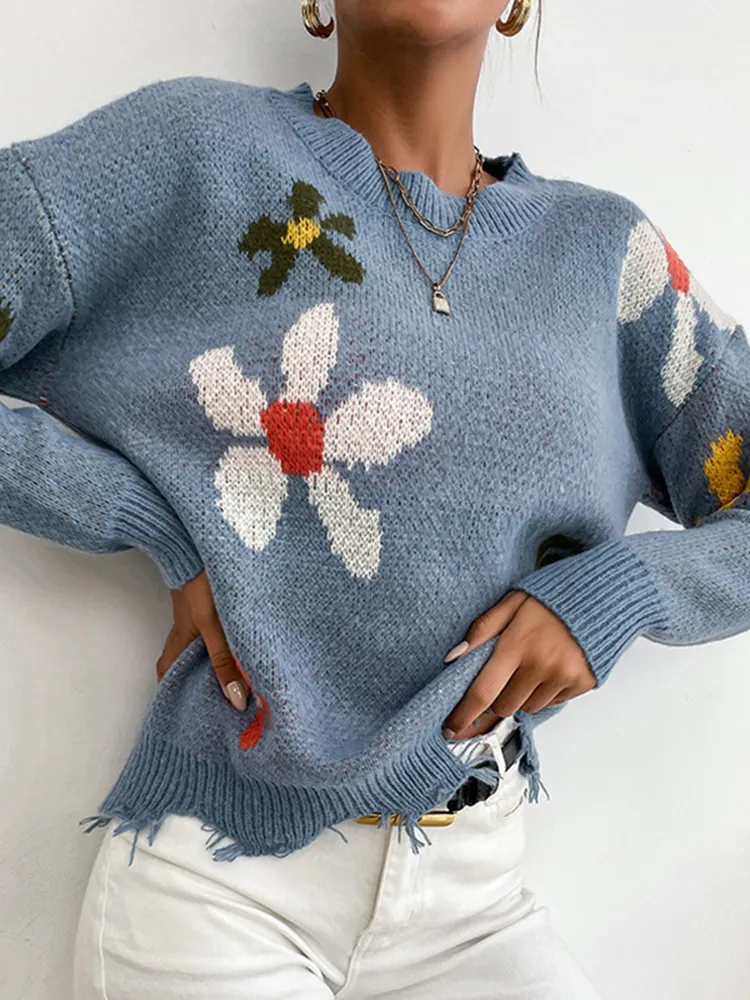 Crew Neck Knit Pullover Shabby Vintage Jacquard Sweater