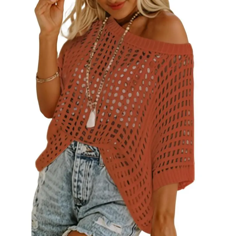 Women's Crochet Knit Short Sleeve Top – Summer Beach Cover-Up