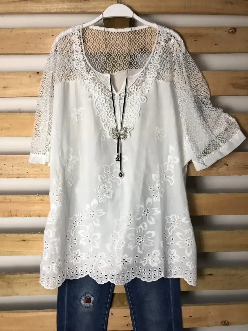 Woman Fashion Openwork Lace Shirt Tops Blouse