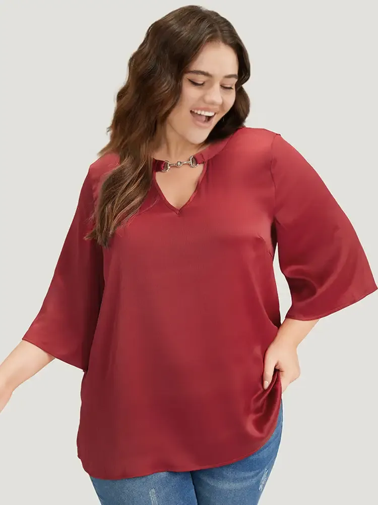 Anti-Wrinkle Plain Buckle Detail Neck Cut Out Blouse