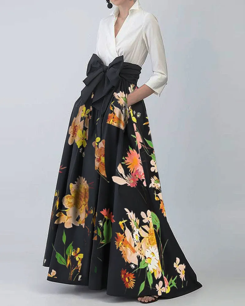 Contrasting maxi dress shirt collar Big bow