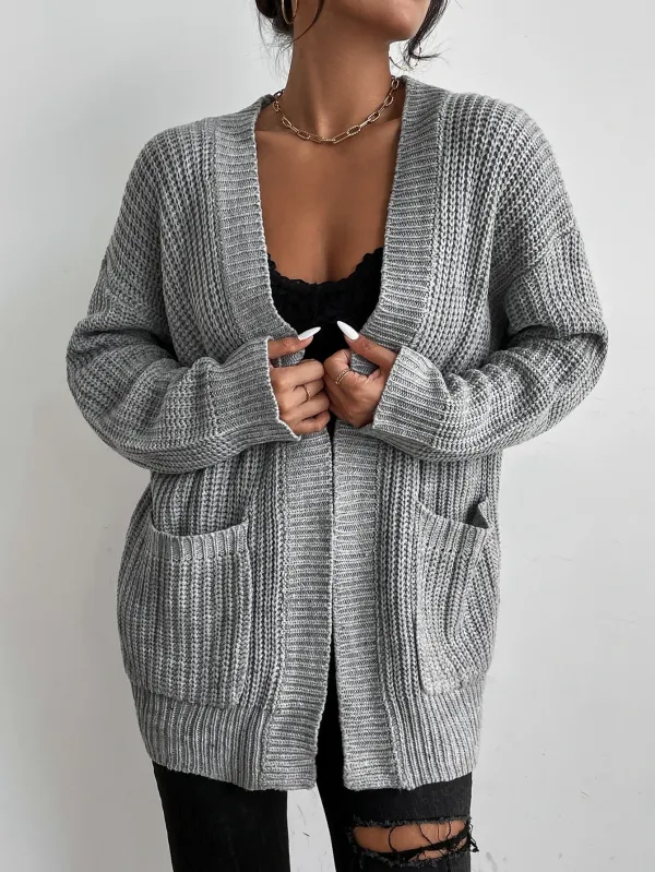 Frenchy Solid Dual Pockets Ribbed Knit Cardigan
