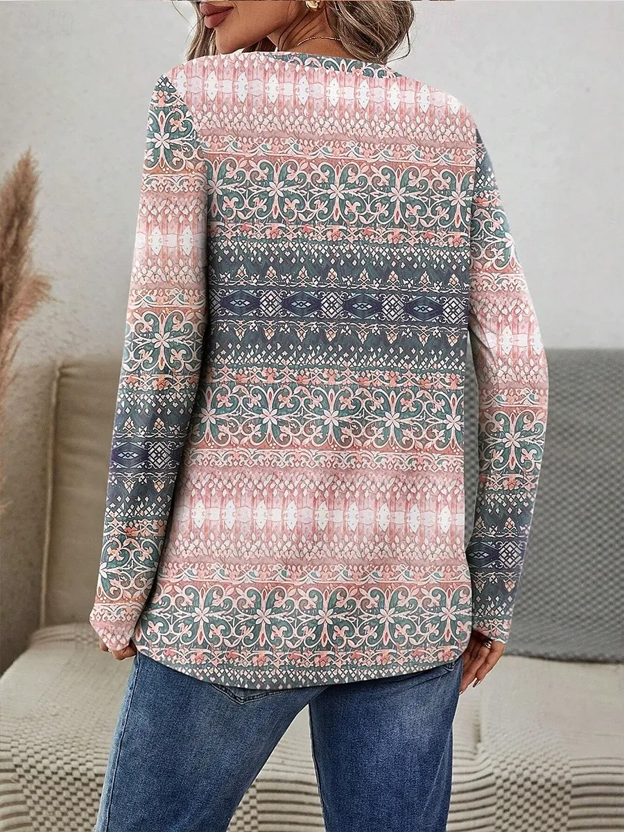 Women's T shirt Long Sleeve Crew Neck Long Sleeve Tunic Graphic Geometric Stylish Casual Trendy Regular Tops Daily Weekend Print Pink Blue Fall Prefall