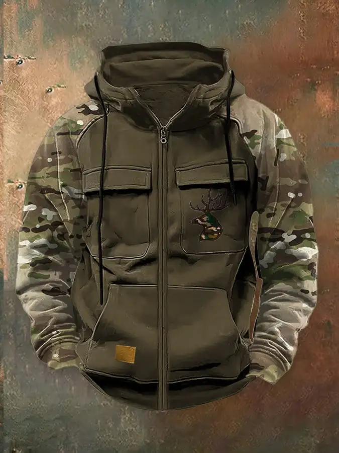 Men's Casual Retro Western Contrast Color Zipper Multifunctional Jacket