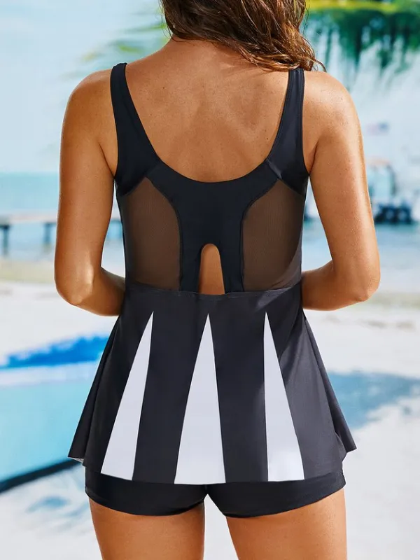 Casual Plaid Split Joint Scoop Neck Swimdress Two-Piece Set
