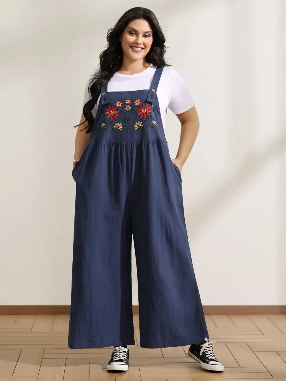 Pure Cotton Floral Embroidery Overall Jumpsuit