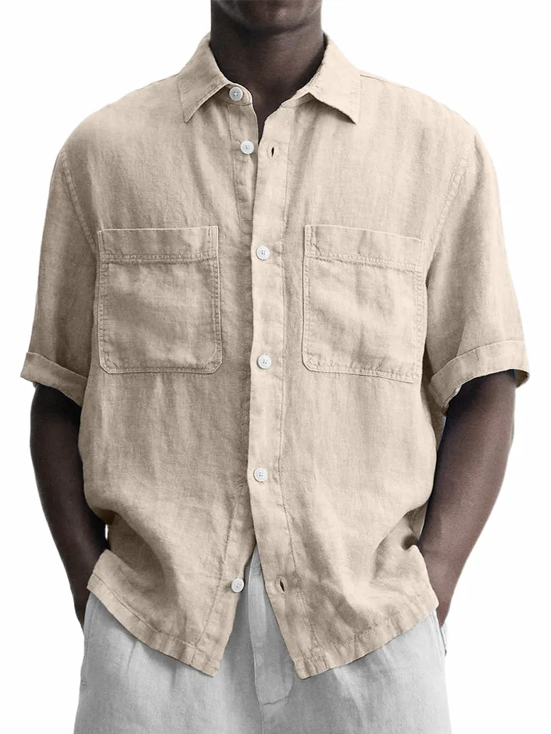 Men's Cotton And Linen Double Pocket Classic Casual Versatile Short-sleeved Shirt