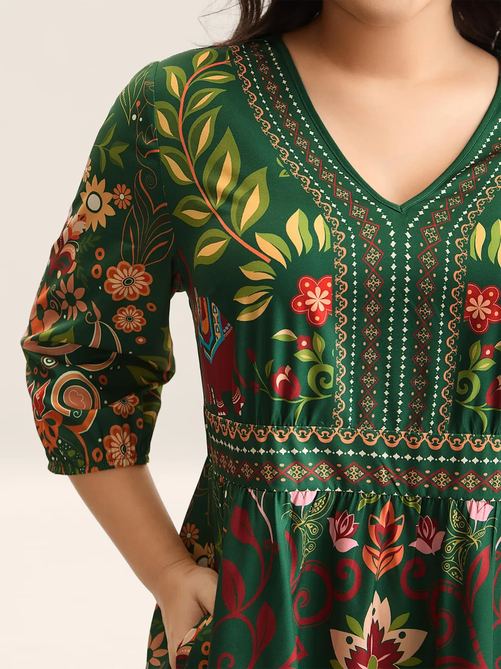 Boho Print V-Neck Pockets Midi Dress