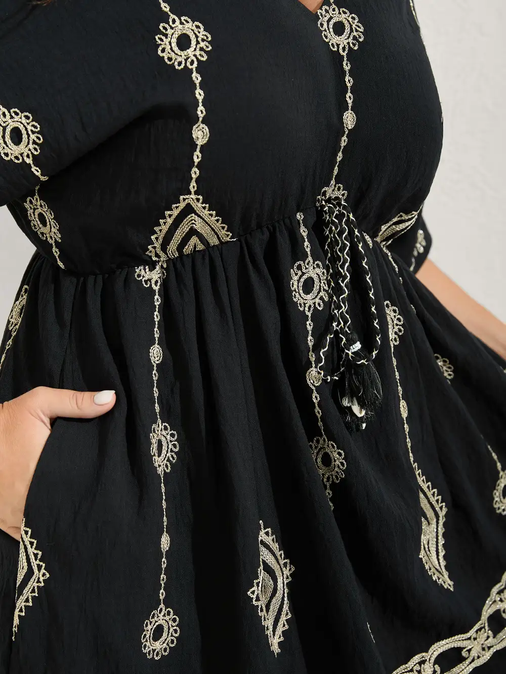 Boho Embroidered Waist Tie Midi Dress