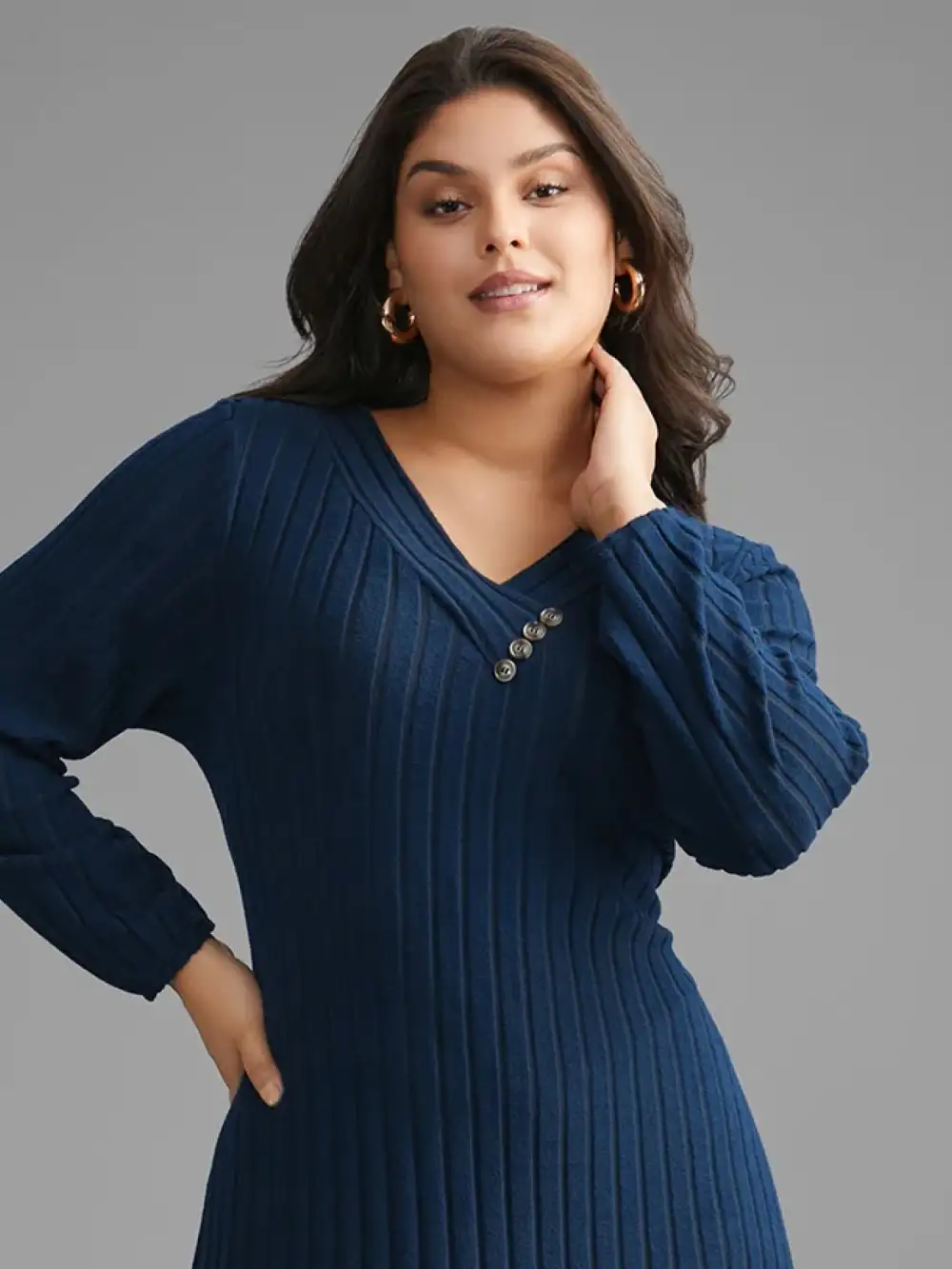 Plain Rib Knit Button Detail Dress