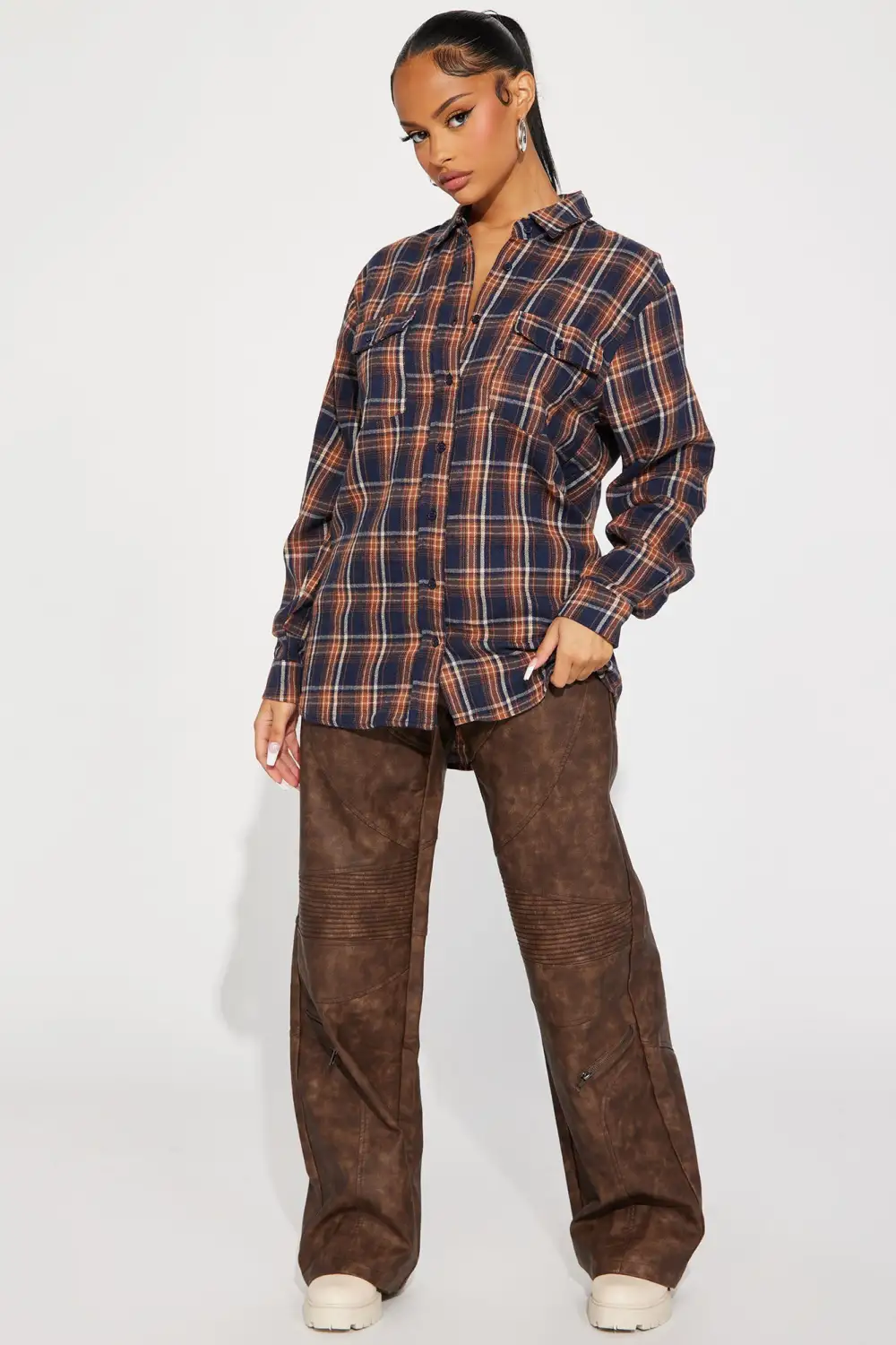 Casual Nights Oversized Plaid Shirt  - Navy/combo