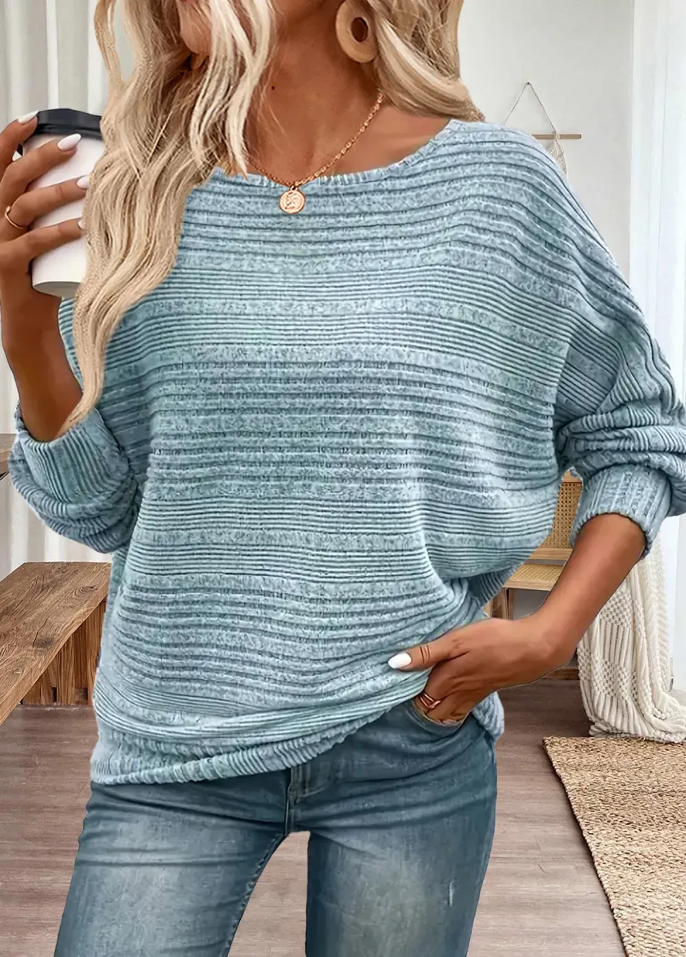 Dusty Blue Long Sleeve Round Neck T Shirt
