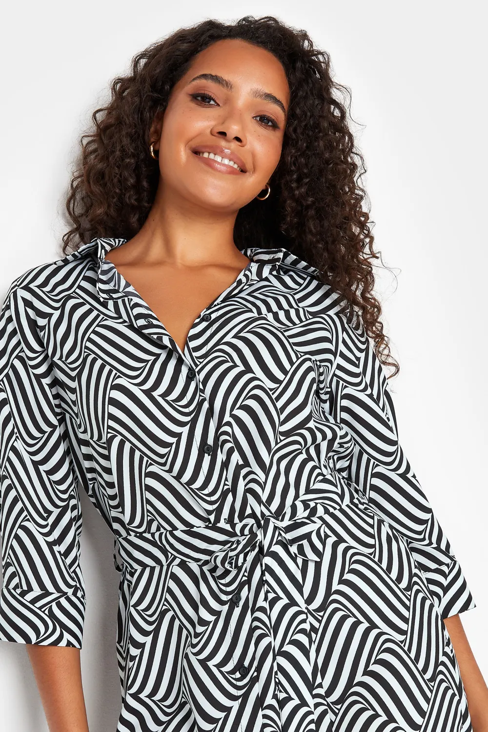 M&Co Black Geometric Print Tie Waist Shirt Dress