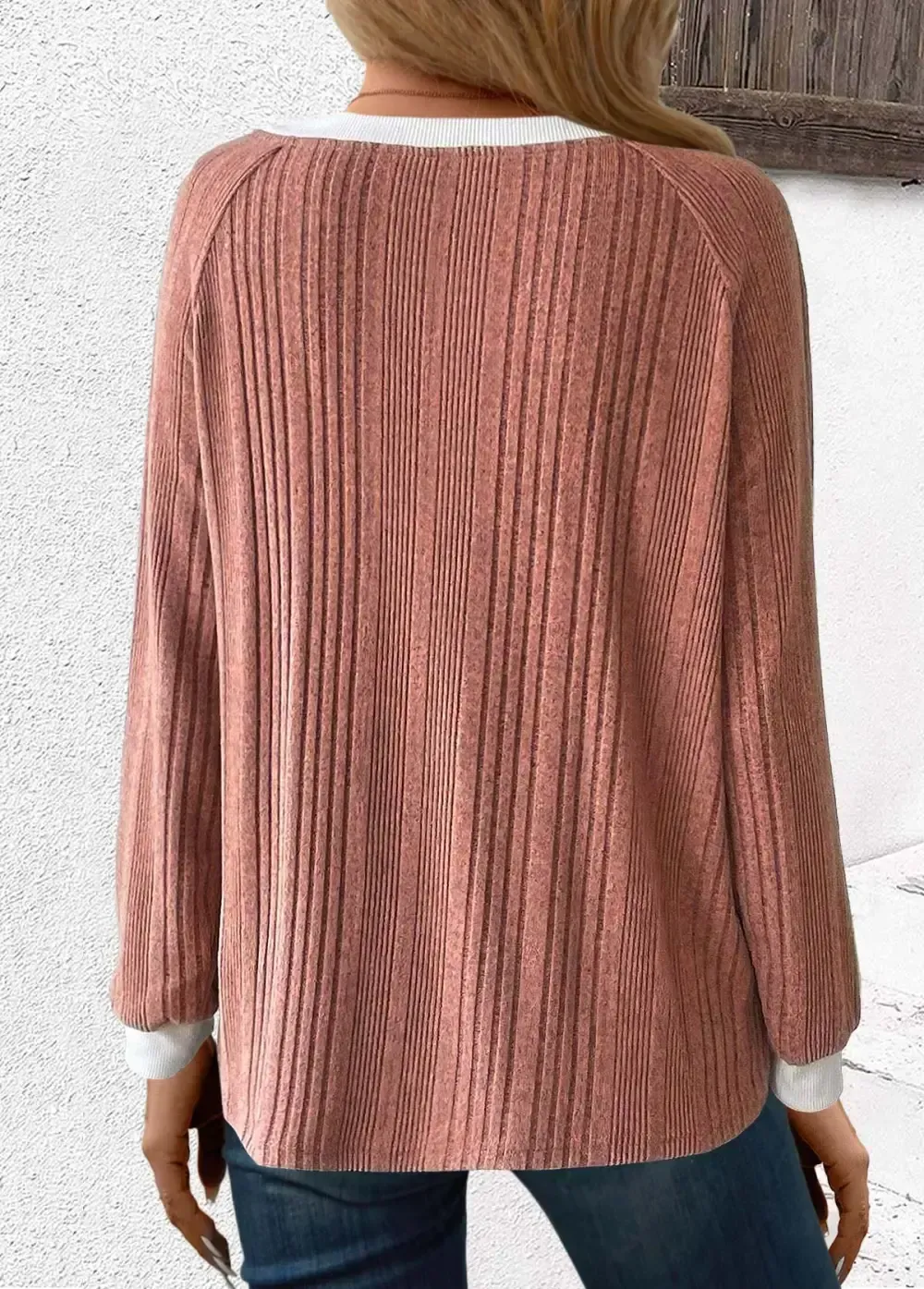 Dusty Pink Patchwork Long Sleeve Round Neck Sweatshirt