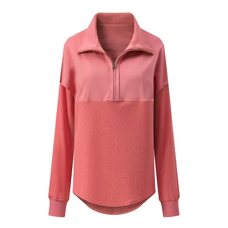 Oversized Waffle Knit Half Zip Pullover Soft Polyester Blend Long Sleeve Sweatshirt