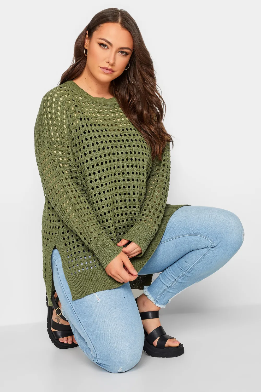 YOURS Curve Black Side Split Crochet Jumper
