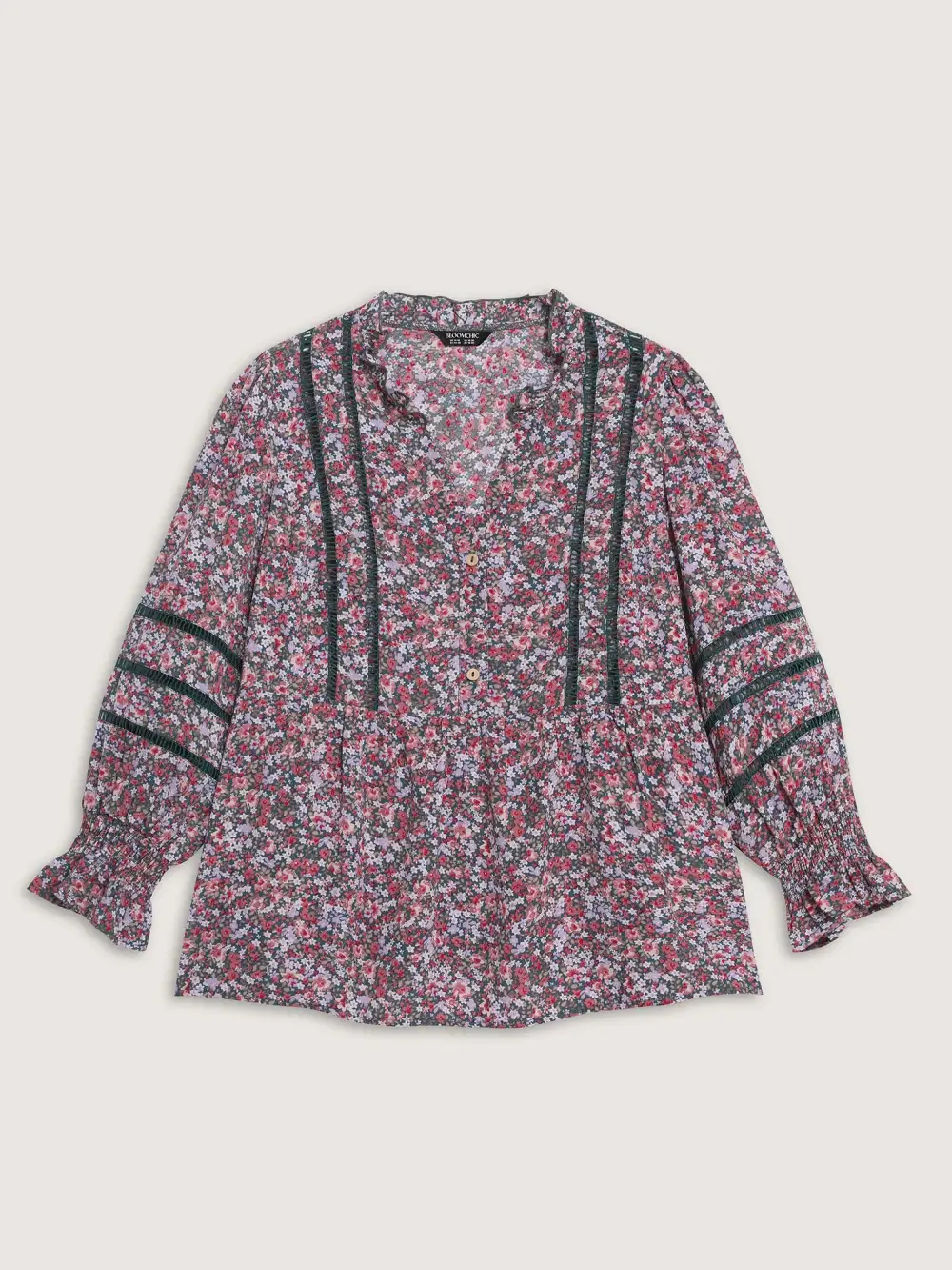 Floral Print Lace Trim Placket Blouse