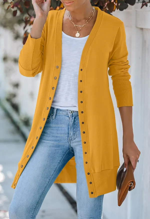 Women's 2024 Fall Long Sleeve Snap Button Down Solid Color Knit Ribbed Neckline Cardigans