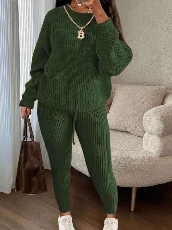 Women's Solid Drop Shoulder Long Sleeve Sweater & Drawstring Waist Pants Set