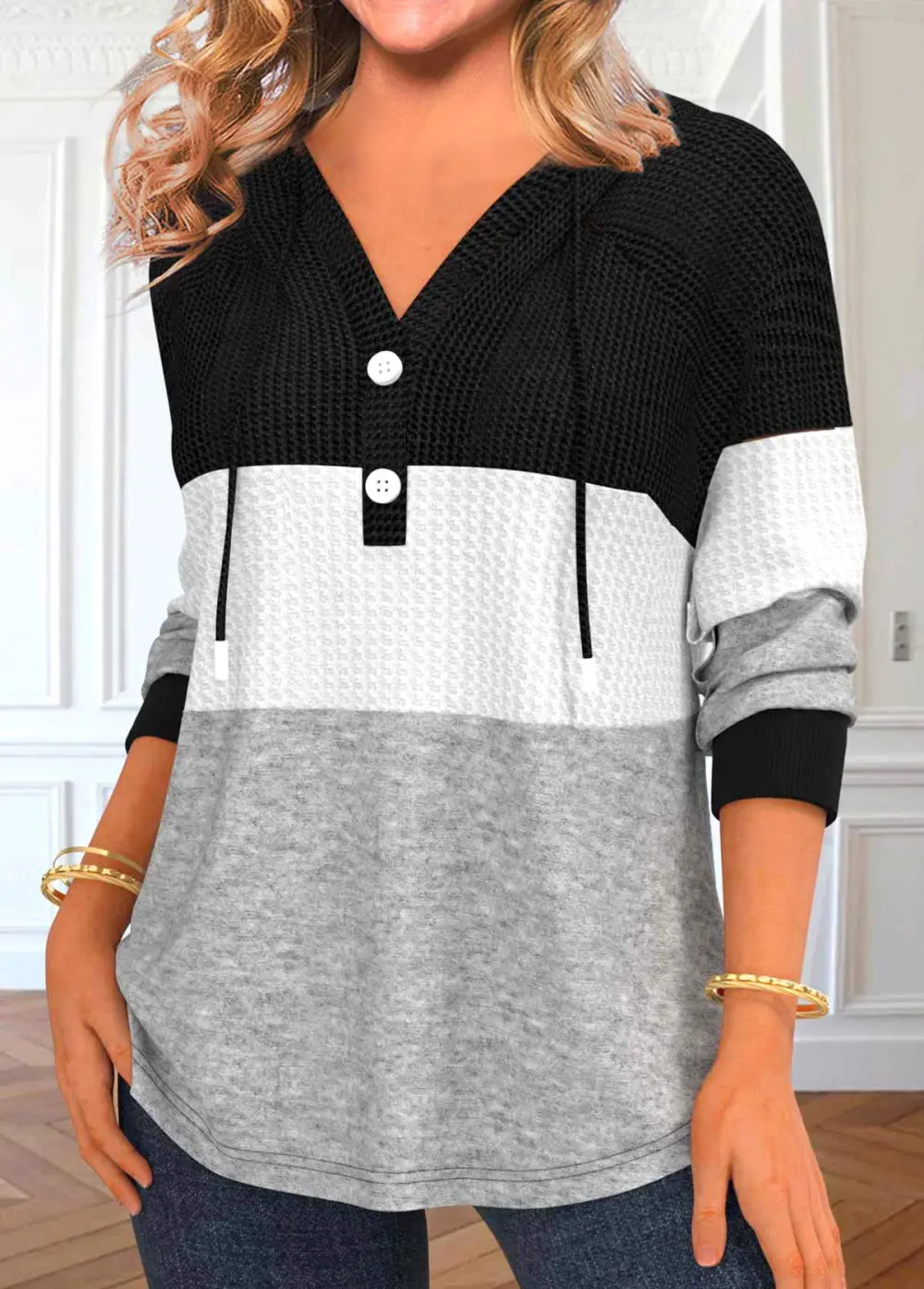 Black Patchwork Long Sleeve Contrast Hoodie