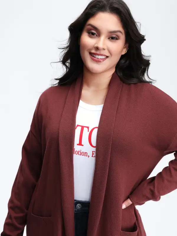 Folded Collar Pocket Open-Front Knit Cardigan