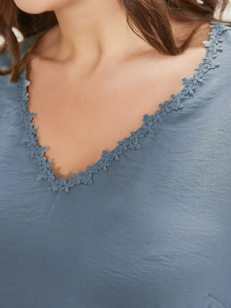 Plain V Neck Floral Patchwork Blouse