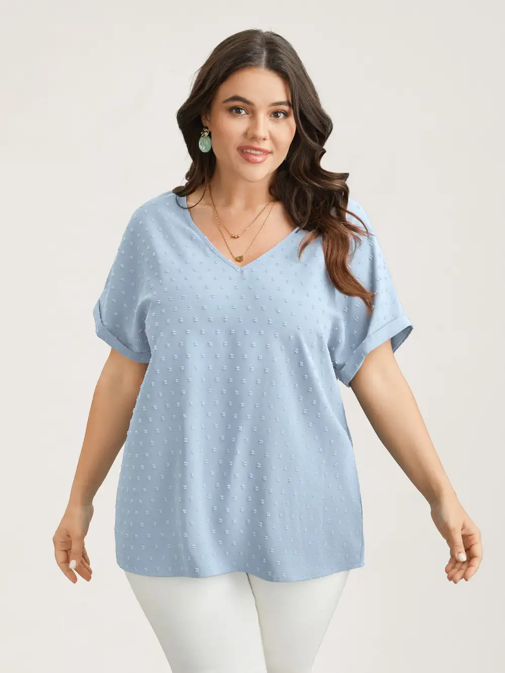 Back-Button Textured V-Neck Shirt