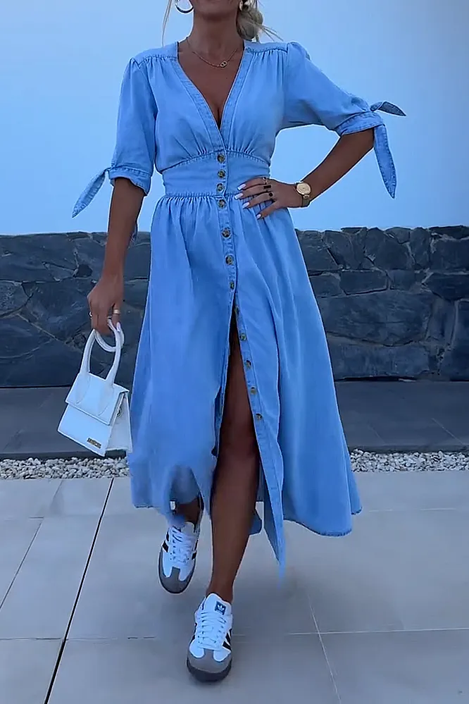 V-neck denim casual dress