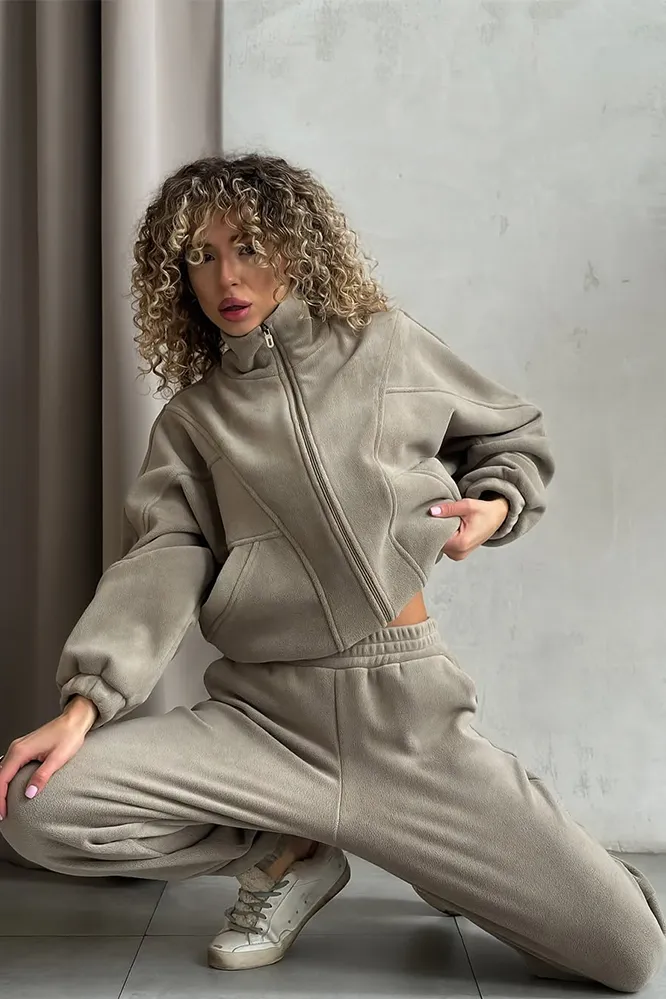 Women's Solid Color Zipper Jacket & Pants Two Piece Set