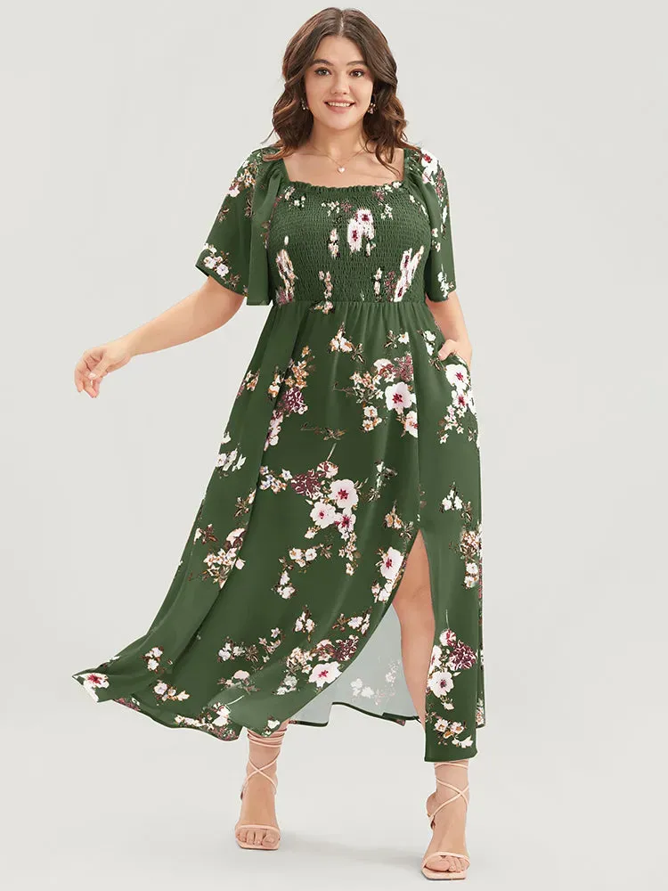 Floral Square Neck Ruffles Pocket Shirred Split Dress