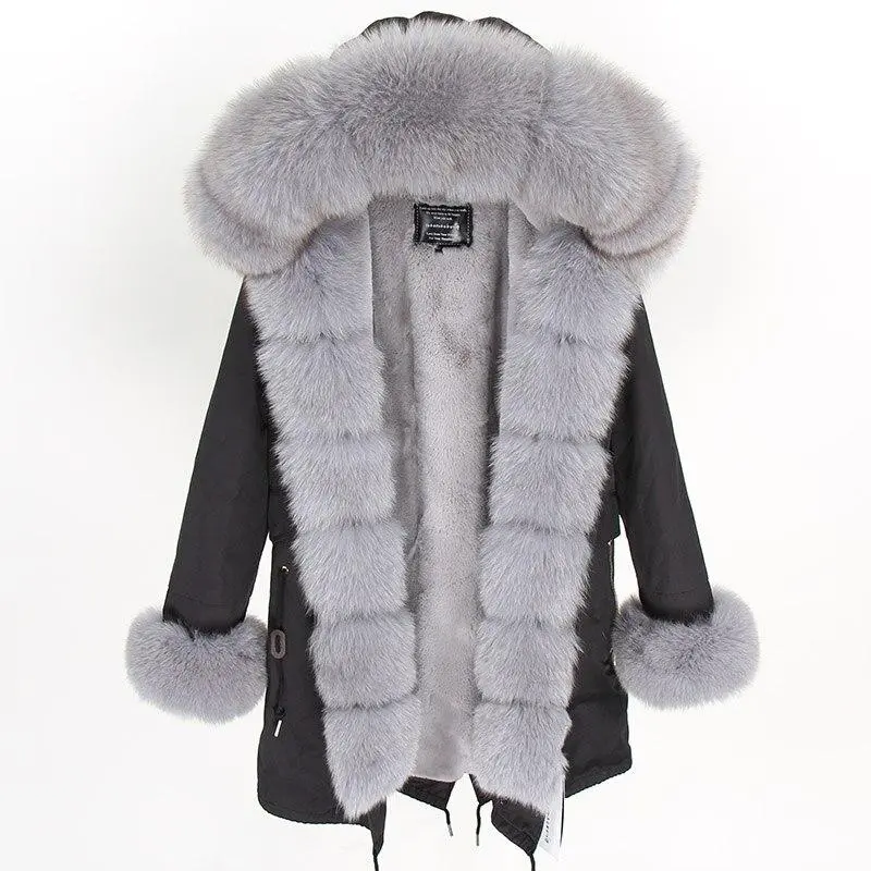 ✨Clearance Sale✨ Women's Parka Fox Fur Coats Real Fur Winter Long Black Park Cotton Thick Warm
