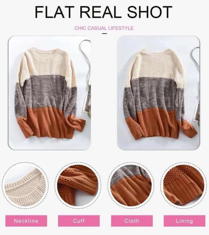 Womens Color Block Sweaters Long Sleeve Crewneck Pullover Knit Jumper Tops