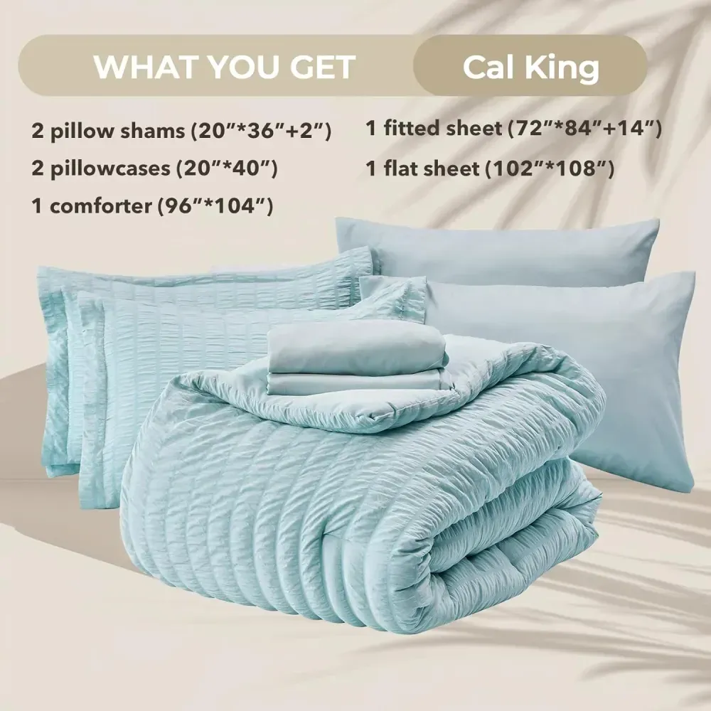 Queen Comforter Set Seersucker 7 Pieces, All Season Luxury Bed in a Bag for Bedroom, Bedding Set with Comforters, Sheets, Pillowcases & Shams, Dark Grey