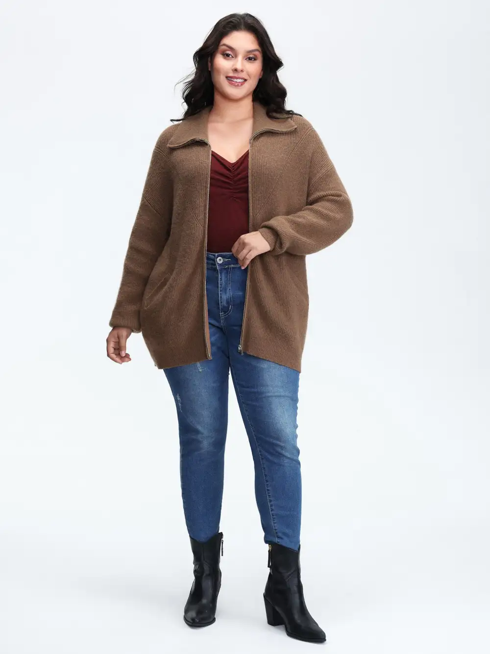 Textured Slant Pockets Zipper-Front Knit Cardigan