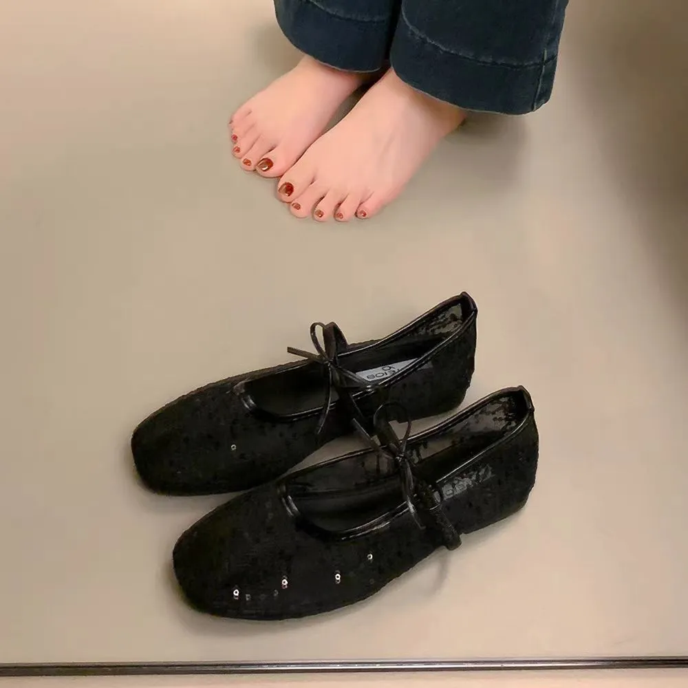 Women's Elegant Lace Mesh Ballet Flats – Square Toe, Lightweight & Breathable