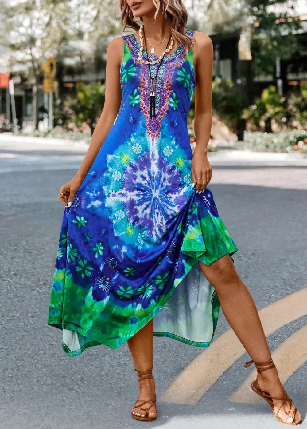 Blue Asymmetry Tie Dye Print H Shape Dress
