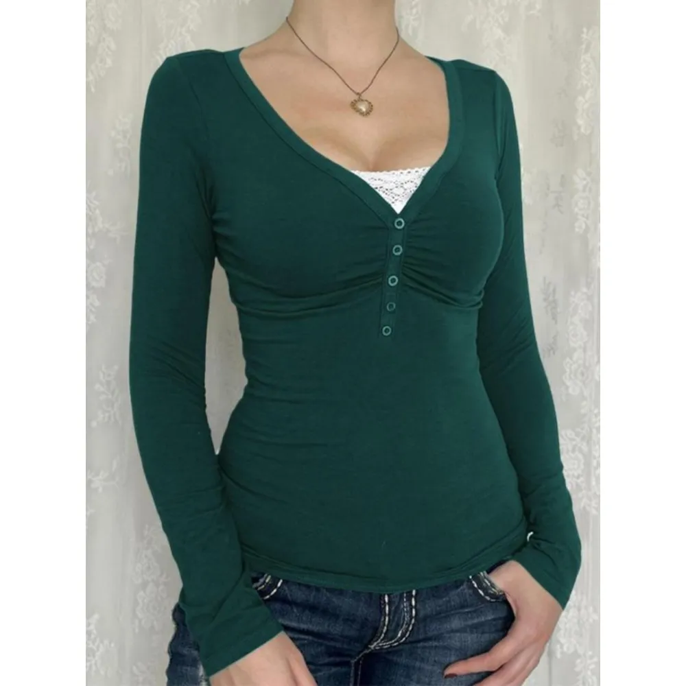 Women's Contrast Lace Button V Neck Tee