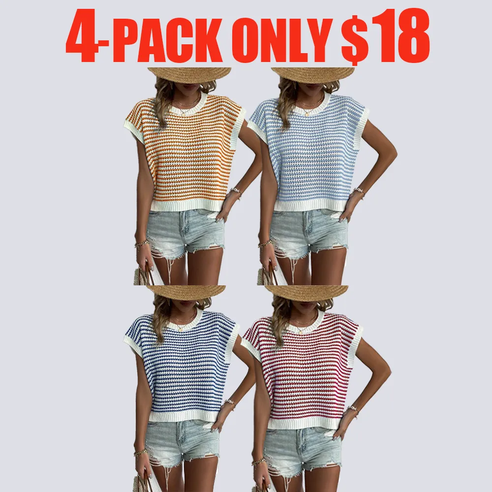 Women's Striped Print Round Neck Knit Top, Vacation Clothes