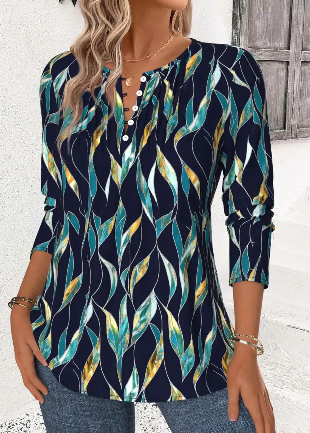 Navy Leaf Print Long Sleeve Split Neck Blouse
