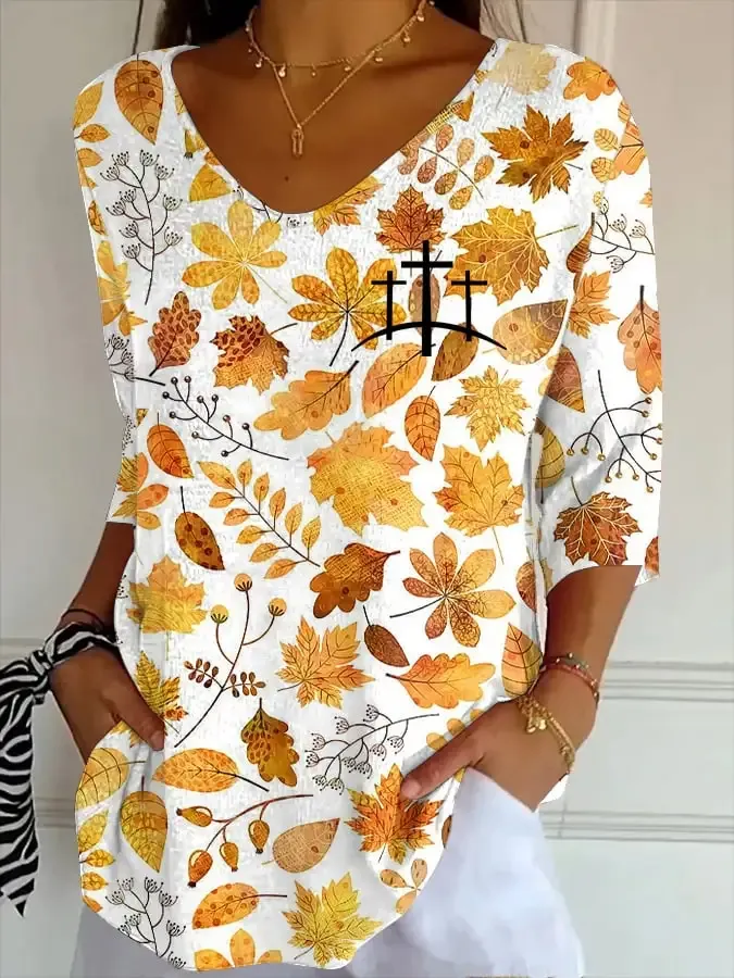 Women's Fall Faith Design Printed Striped Fabric Casual V-Neck Mid-Sleeve T-Shirt