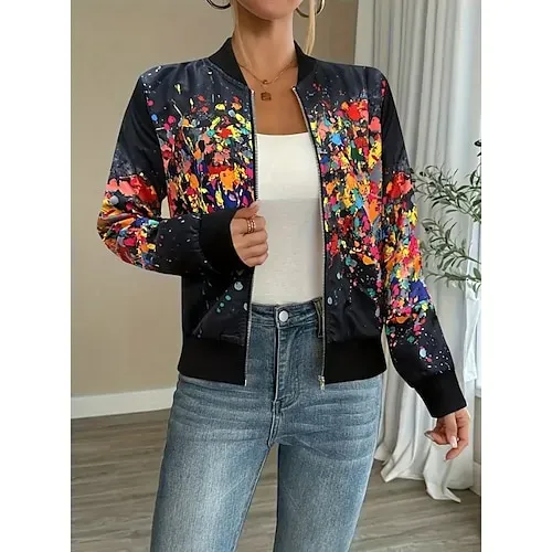 Women's Casual Jacket Comfortable Zipper Fashion Daily Modern Floral School Outdoor Vacation Home Regular Baseball Collar Regular Fit Long Sleeve Outerwear White Spring Fall