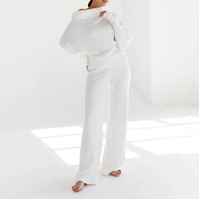 Solid Color One Shoulder Knitted Two Pieces Set