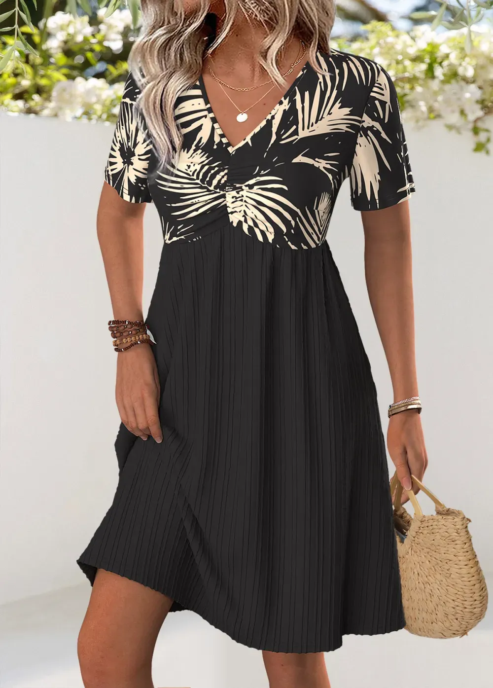 Black Leaf Print Short V Neck Dress