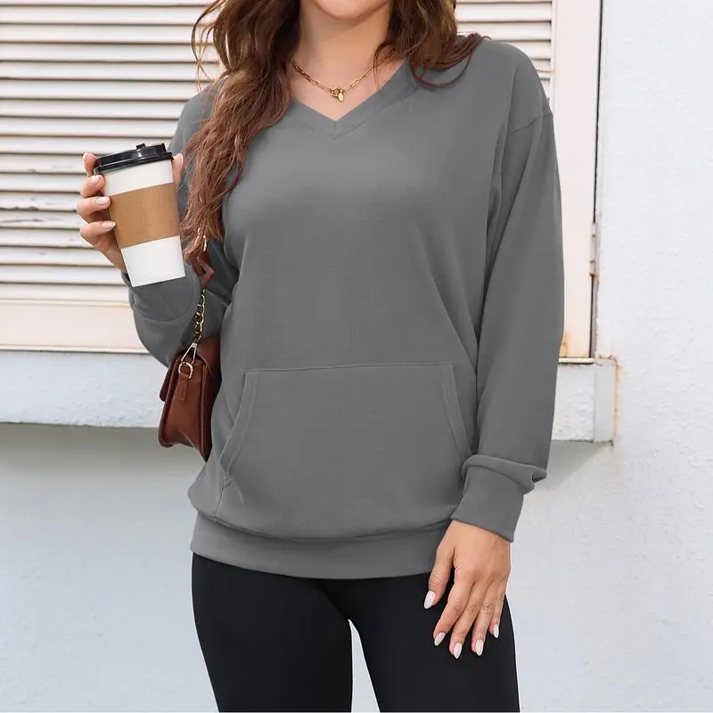Women's Hoodless V-neck Sweatshirt With Kangaroo Pocket Fleece Longsleeve Oversized Casual Style Shirt