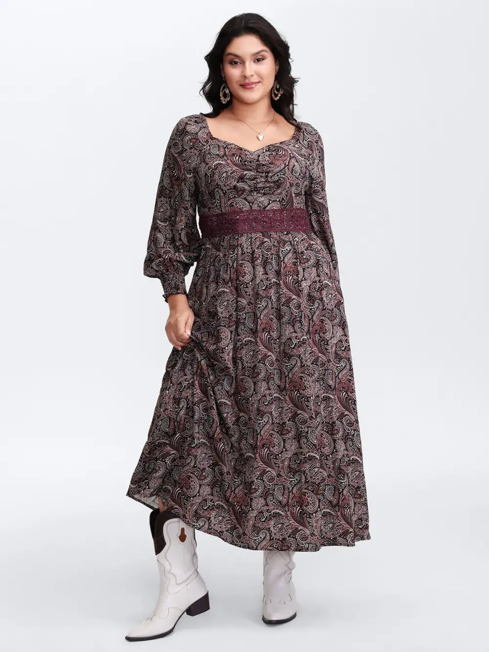 Paisley Print Lace Patchwork Midi Dress