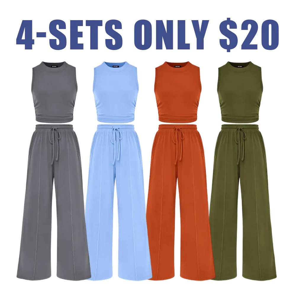 Women's Summer Ribbed Knit 2-Piece Set – Sleeveless Crop Top & Wide-Leg Pants